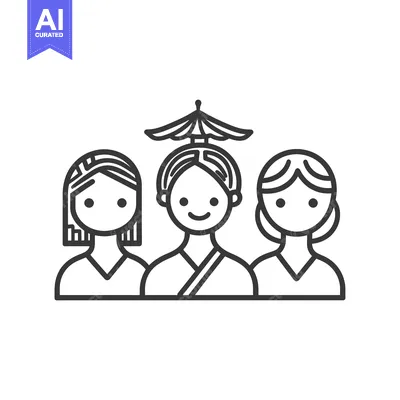 Premium design asset: Three stylized female figures are depicted in a minimalistic line draw