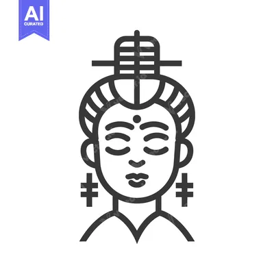 A stylized portrait of a serene figure with traditional adornments