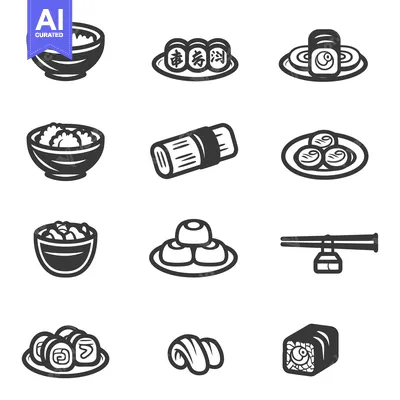 Aset premium populer: Simple black and white illustrations of various japanese food items