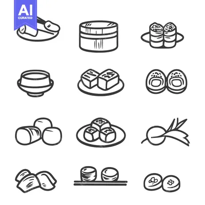 Popular premium asset: A monochrome illustration of various types of japanese food