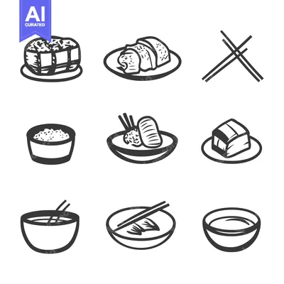 Popular premium asset: Outlined drawings of various dishes and chopsticks presented together
