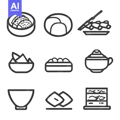 Aset desain premium: Nine different monochrome icons depicting various prepared food dishes