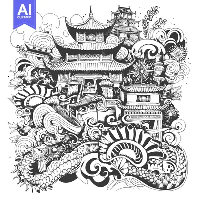 Popular premium asset: Asian-inspired doodle art with a pagoda and dragon