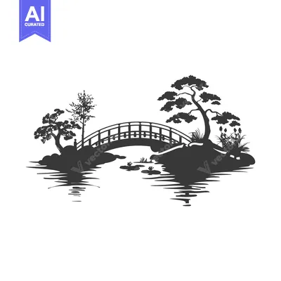 Aset premium populer: A Silhouetted Bridge Over a Tranquil Pond with Surrounding Trees