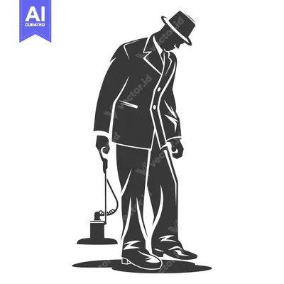 Aset desain premium: A Silhouetted Man in a Suit Holding a Metal Detector