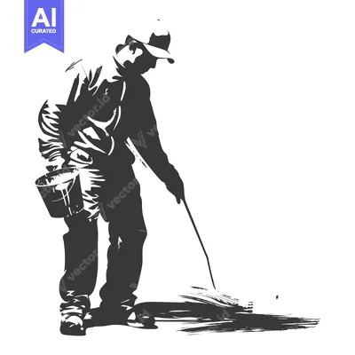 Aset premium populer: A Silhouetted Man Using a Long-Handled Brush to Paint