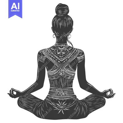 Premium design asset: A Silhouetted Woman with Intricate Tattoos Meditating in a Yoga Pose