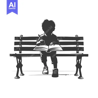 Aset desain premium: A Silhouette of a Child Sitting on a Bench, Reading and Writing