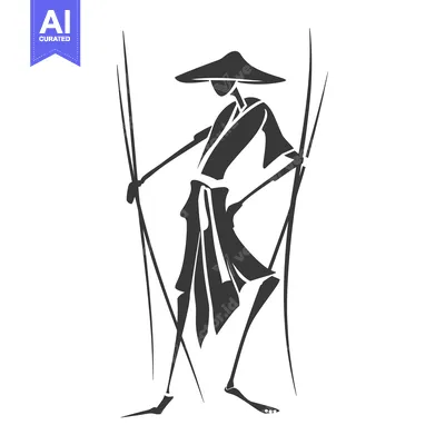 Aset desain premium: A Silhouette of a Figure in Traditional Asian Clothing with a Wide-Bri