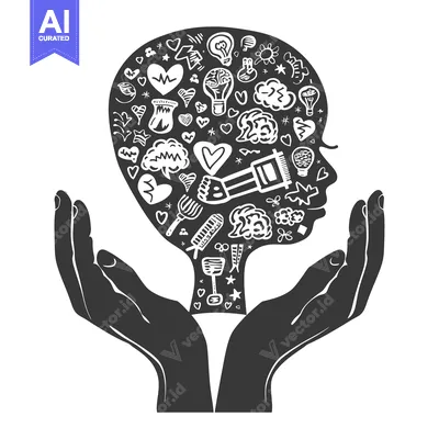 Aset desain premium: A Silhouette of a Head Filled with Abstract Doodle Icons Held by Two H