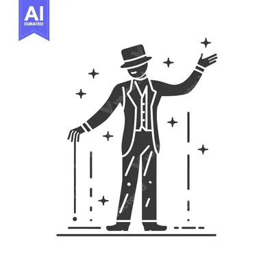 Aset desain premium: A silhouette of a man in a suit and hat, holding a cane, with sparklin