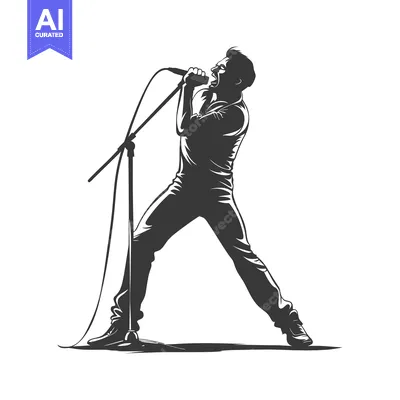 Aset desain premium: A Silhouette of a Man Singing into a Microphone on a Stand