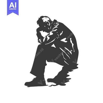 Aset premium populer: A silhouette of a man sitting in a dejected pose, head in hands