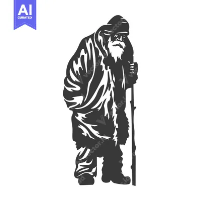 A silhouette of an elderly man with a long beard, wearing a hooded coa
