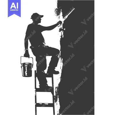 A Silhouette of a Painter Standing on a Ladder and Painting a Wall