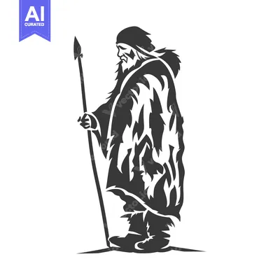 Aset desain premium: A  Silhouette of a  Prehistoric Man Holding a Spear