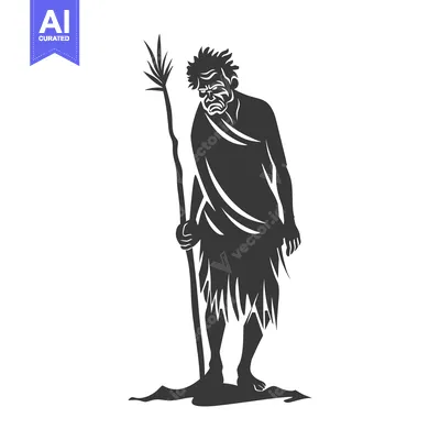 Aset desain premium: A Silhouette of a Primitive Man Holding a Staff
