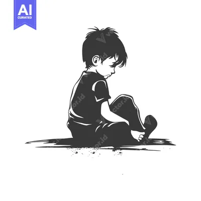 A Silhouette of a Sad Young Boy Sitting on the Ground