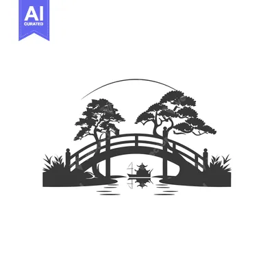 Aset desain premium: A Silhouette of a Traditional Japanese Bridge Over a Calm Lake