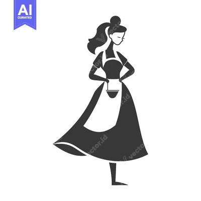 Aset desain premium: A silhouette of a woman in a dress and apron, holding a bucket