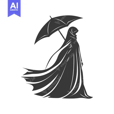 Aset desain premium: A Silhouette of a Woman in a Hijab Holding an Umbrella