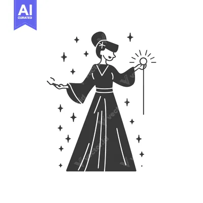 Aset desain premium: A silhouette of a woman in a long robe with a glowing orb on a stick