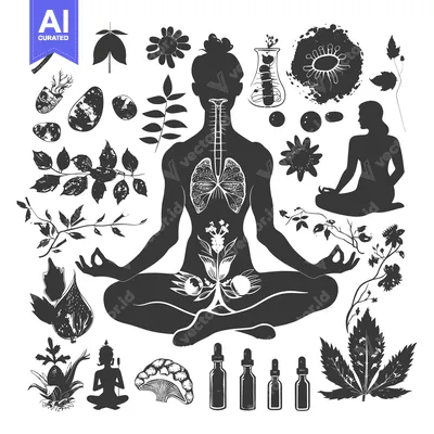 Aset premium populer: A silhouette of a woman in a yoga pose with various botanical and herb