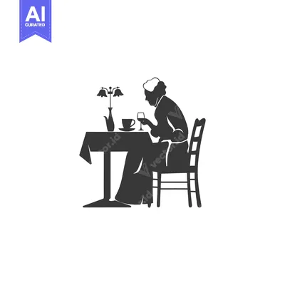 Aset desain premium: A Silhouette of a Woman Sitting at a Table with a Cup and Wine Glass
