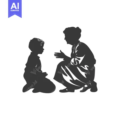 Aset desain premium: A Silhouette of a Woman Talking to a Boy