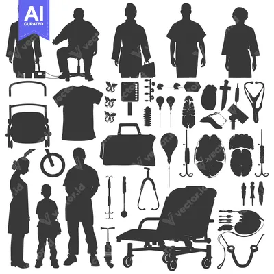 Aset desain premium: A Silhouette Set of Medical Professionals, Equipment, and Accessories