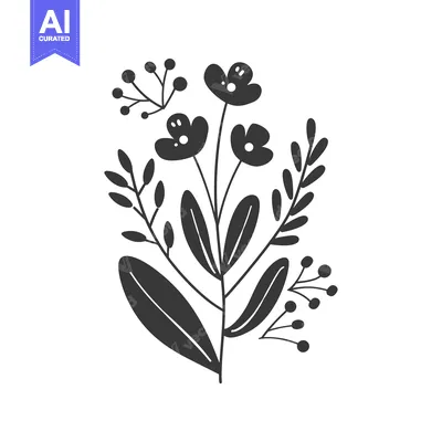 Aset desain premium: A Simple Black and White Floral Illustration with Four Flowers and Ber