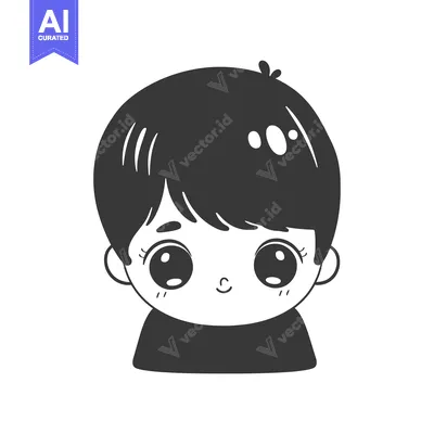 Premium design asset: A simple black and white illustration of a cute boy's face