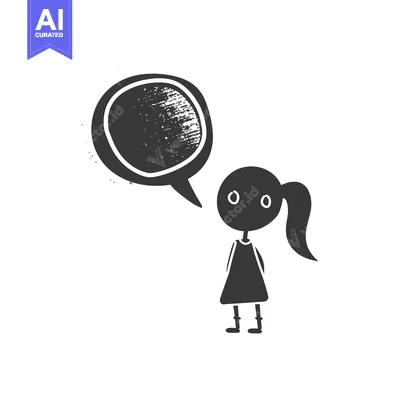 Aset premium populer: A simple black and white illustration of a girl with a speech bubble a