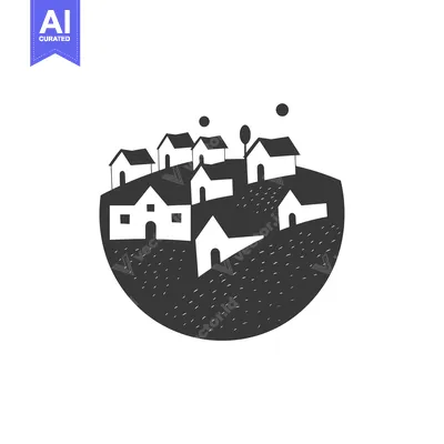 Aset premium populer: A Simple Black and White Illustration of a Small Village on a Hill