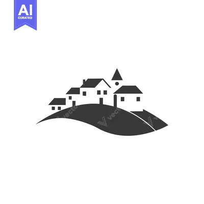 A simple black and white illustration of a village on a hill.