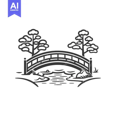 Aset desain premium: A Simple Black and White Illustration of a Wooden Bridge Over a Stream