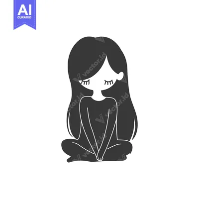 Popular premium asset: A Simple Black and White Illustration of a Young Girl Sitting with Her
