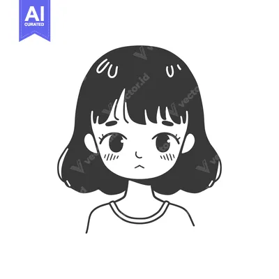 Aset premium populer: A simple black and white illustration of a young woman with short hair