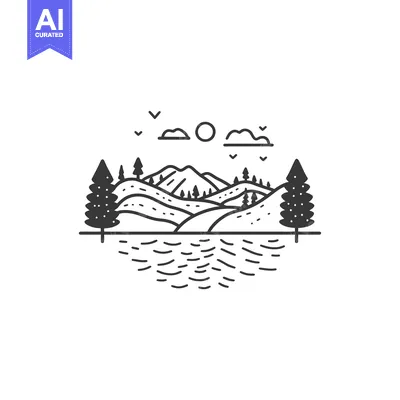 Aset desain premium: A Simple Black and White Line Drawing of a Mountain Range, Trees, and