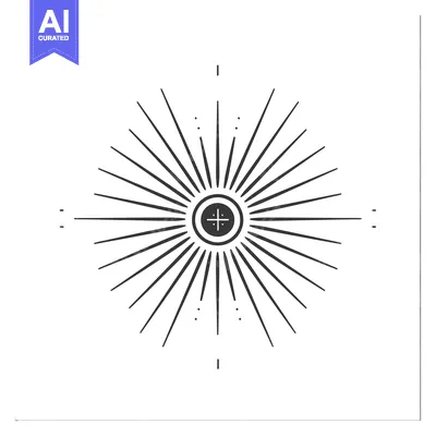 Aset desain premium: A simple black and white sunburst with a cross in the center