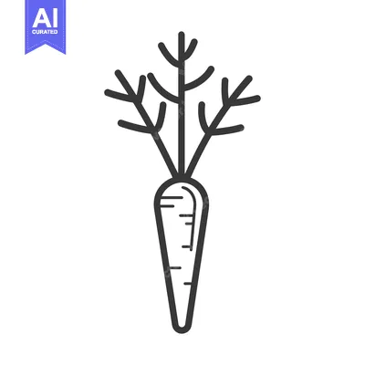 A simple black line drawing of a carrot with green leafy tops