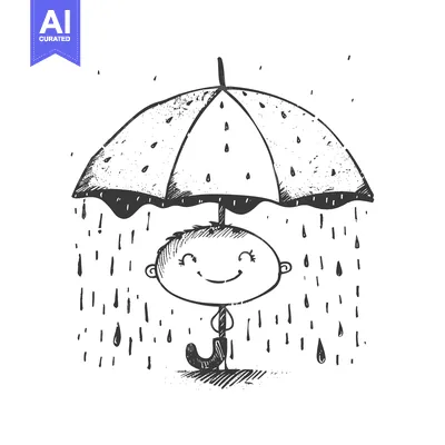 Aset desain premium: A Simple Cartoon of a Happy Person Holding an Umbrella in the Rain