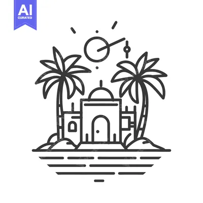 Aset desain premium: A Simple Line Art Illustration of a Building with Two Palm Trees, the