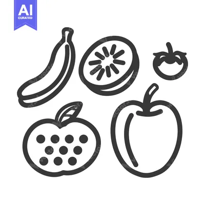 Aset premium populer: A Simple Line Drawing of a Banana, Kiwi Slice, Apple, and Tomato