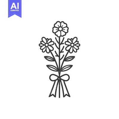 Aset desain premium: A simple line drawing of a bouquet of three flowers with a bow