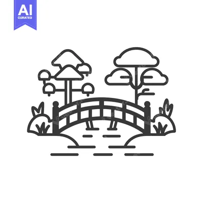 Aset premium populer: A Simple Line Drawing of a Bridge Over a River With Trees on Either Si