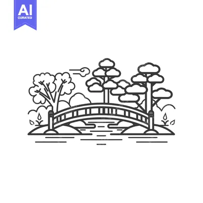 Premium design asset: A Simple Line Drawing of a Bridge Over a Stream With Trees