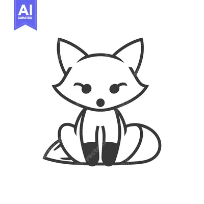 Premium design asset: A simple line drawing of a cartoon fox sitting with its tail curled ar