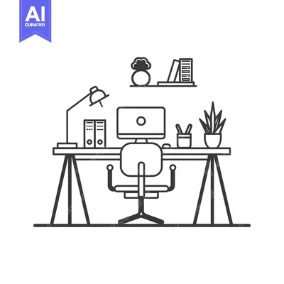 Premium design asset: A Simple Line Drawing of a Desk with a Computer, Chair, and Plants