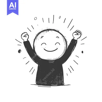 Aset desain premium: A Simple Line Drawing of a Happy Person with Arms Raised in Celebratio